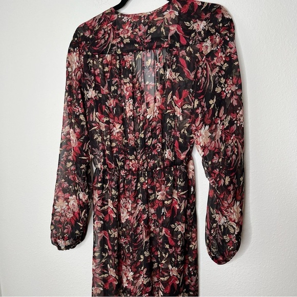 O.P.T. Long Puff Sleeve Floral Cinched Waist V Neck Sheer Maxi Dress Small NWT - Picture 10 of 12